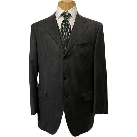 CANALI Men's Two Piece Sports Coat Vest Charcoal Gray Orange Striped Size 44 L - Picture 2 of 11